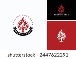 Tree with fire flame and scroll ribbon for classic vintage burning bush plant logo design