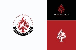 Tree With Fire Flame And Scroll Ribbon For Classic Vintage Burning Bush Plant Logo Design