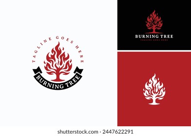 Tree with fire flame and scroll ribbon for classic vintage burning bush plant logo design