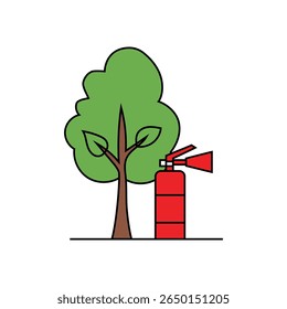 Tree fire hydrant. Nature safety symbol. Outdoor equipment illustration. Green brown vector.