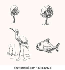 Tree, fish and heron or egret bird illustrations set, in hand drawn sketch style
