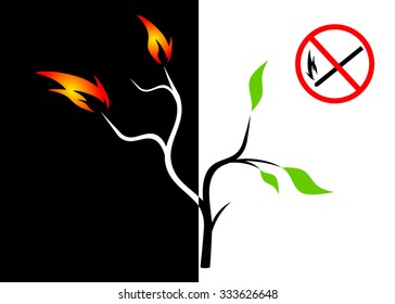 the tree in flames and the fire danger sign