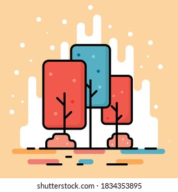 Tree flat art with blue and red color for leaves. Playful color and design. EPS10