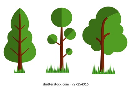 Tree Flat Design Illustration with Grasses Underneath Simple Design Element in Three Variation For Any Presentation, Icon Info graphic and Display.