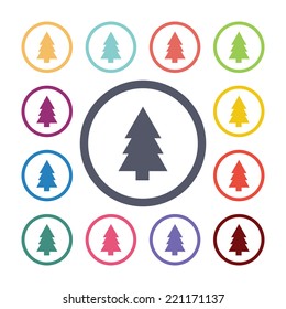 tree flat icons set. Open round colorful buttons. Vector 