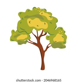 Tree in a flat style. Cartoon tree with green crown and brown trunk isolated on white background. Modern abstract icon with colorful tree flat style on white background for decorative design.