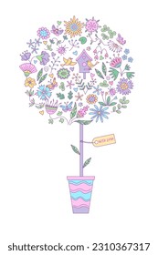 Tree with floral elements in doodle style. Vector isolated color illustration in doodle style.