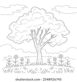 tree and flower coloring page line art