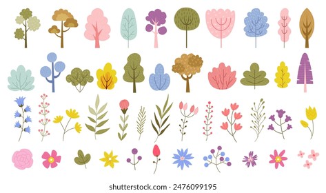 Tree and flower. Forest plants. Park shrub. Bush foliage. Spring vegetation. Meadow grass and wildflowers. Blossom buds. Colorful branches. Natural hedge. Minimal landscape elements vector flat set