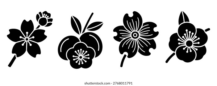 Tree Flower Icons. Solid, filled icon set of Flower types on trees cherry blossom, dogwood flower, plum blossom