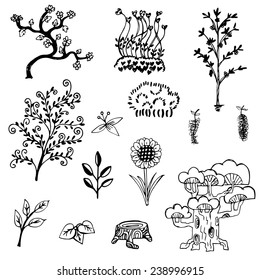 Tree and flower sketch outline vector set on white background 
