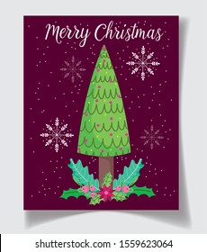 tree flower snowflakes celebration merry christmas poster vector illustration