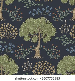 Tree and flowering bushes on a dark background. Seamless pattern.