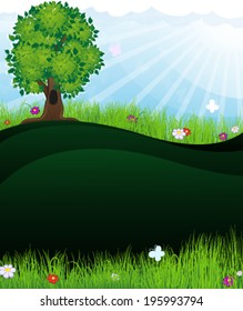 Tree, flowers and butterflies in the meadow. Summer landscape nature.