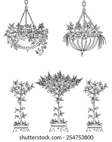 Tree, flowers  and floral design elements, Sketch set