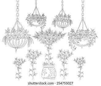 Tree, flowers  and floral design elements, Sketch set