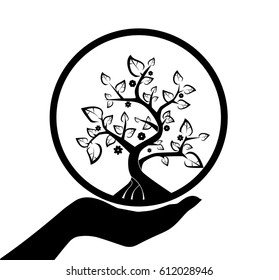 Tree with flowers in hand. Logo protection of nature.