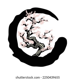 árbol con flores dentro del símbolo zen, arte vectorial 