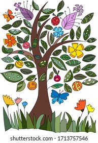 
A tree with flowers, leaves and butterflies. Beautiful vibrant colors. Hand drawn illustration Love bohemian concept for wedding invitations, cards, congratulations, branding, boutique logo, label