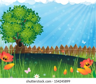 Tree and flowers in the meadow. Summer  landscape nature.