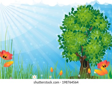 Tree and flowers in the meadow. Summer  landscape nature.
