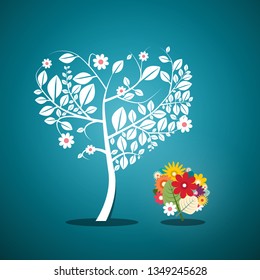 Tree with Flowers on Blue Background. Vector Flat Design Spring Garden Background.