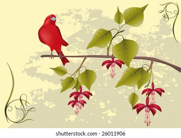 tree with flowers an ornament and a red bird