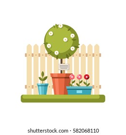 Tree, flowers in pots and fence on white background. Vector illustration.
