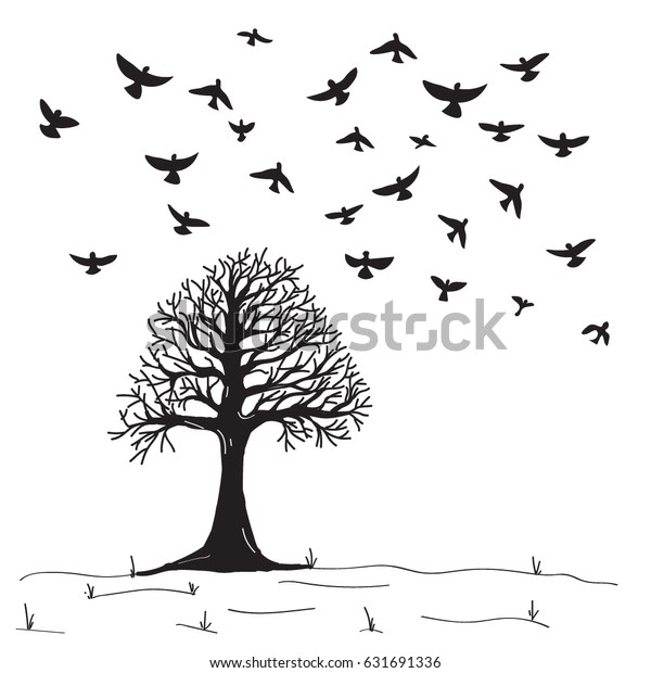 birds flying clipart black and white tree