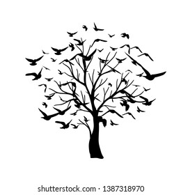 Tree with flying around birds. Vector isolated decoration element from scattered silhouettes. Conceptual illustration of growth and life .