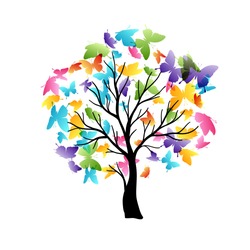 Tree With Flying Around Color Butterflies. Vector Isolated Decoration Element From Scattered Silhouettes. Conceptual Illustration Of Growth And Life .