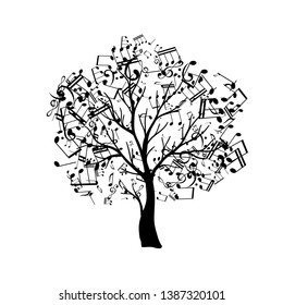 Tree with flying around notes. Vector isolated decoration element from scattered silhouettes. Conceptual illustration of growth and life .