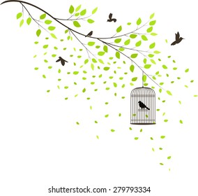 Tree with flying birds 