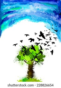 tree with flying birds on background blue sky. Vector