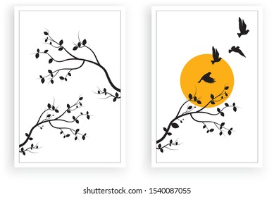 Tree with flying birds silhouettes on full moon or sunset, Vector, Minimalist two pieces poster design, Wall Decals, wall artwork, Nature Art Design, Wall Decor isolated on white background