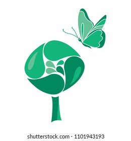  Tree and a flying butterfly. Vector illustrations for greeting cards, posters, invitations, brochures