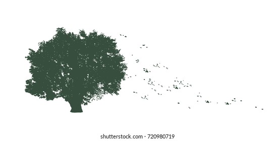 tree with flying leaves illustration in flat color