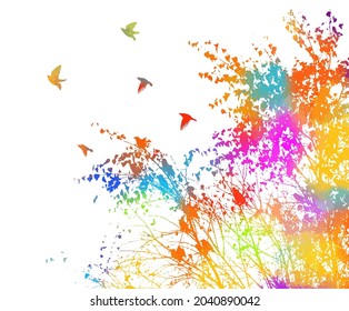 A tree with flying multicolored birds. Vector illustration