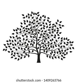 Tree with foliage. Black silhouette. Landscape design, nature, forest of garden symbol. Vector illustration.