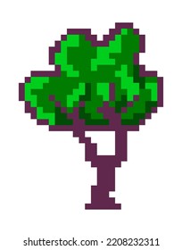 Tree with foliage and branches, isolated pixelated plants and bushes for arcade setting or scene. Exterior or interface. Pixel art, 8 bit retro graphics, old game design. Vector in flat style