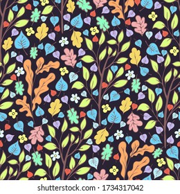 Tree foliage and flowers, branches and leaves seamless pattern, doodle cartoon natural background, hand drawing. Multi-colored autumn, spring and summer leaf on dark background. Vector illustration
