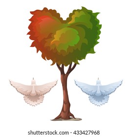 Tree with foliage in the shape of a heart and two doves. Vector illustration.