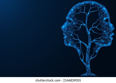 A tree with foliage in the shape of people's faces. Personal growth. Low-poly design of interconnected lines and dots. Blue background.