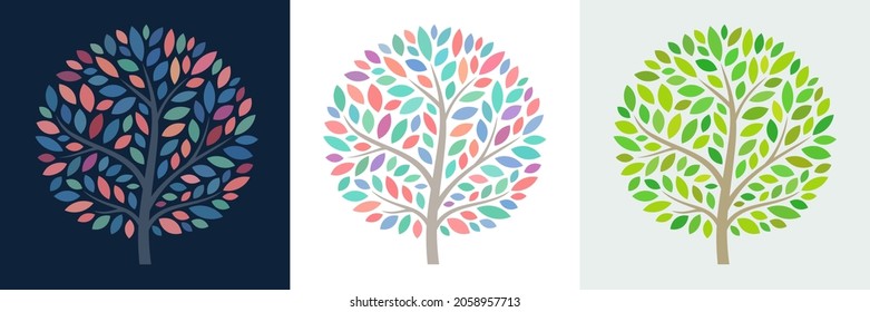 Tree foliage at springtime, illustration with colorful leaves, isolated vector images, different color harmonies.