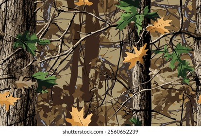 Tree forest camouflage seamless pattern design for hunting and military uniform. Hunting camouflage. Camouflage background. Hunting background. Oak camouflage