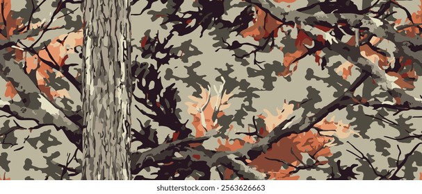 Tree forest camouflage seamless pattern design for hunting and military uniform. Hunting camouflage. Camo pattern. Deer and duck hunting texture