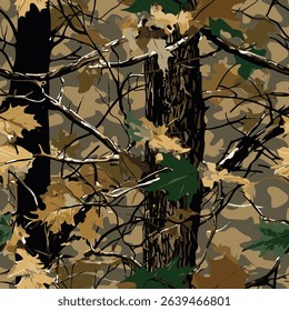 Tree forest camouflage seamless pattern design pattern for hunting and military uniforms. Hunting camouflage. Vector camouflage pattern.