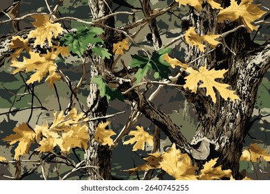 Tree forest camouflage seamless pattern design for hunting and military uniform. Hunting camouflage. Camouflage background. Hunting background. Oak camouflage