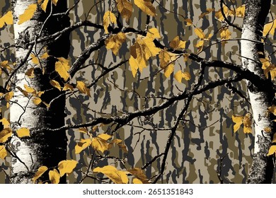 Um padrão de projeto de padrão sem costura de camuflagem de floresta de árvores para uniformes de caça e militares. Caça à camuflagem. Padrão de camuflagem vetorial.