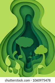 Tree and forest in green leaf paper layer cut abstract nature background.Ecology and environment conservation concept design paper art style.Vector illustration.